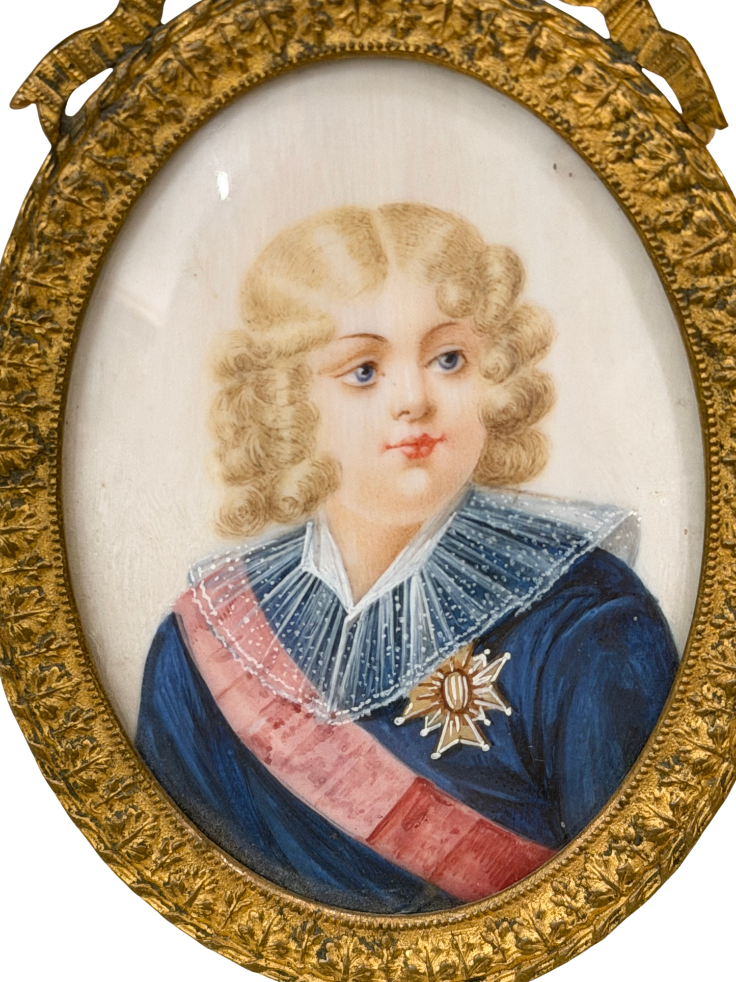 Antique Watercolor and Gouache Portrait Miniature, Likely Napoleon II - The King of Rome in Evans Philadelphia Gilt Brass Easel Frame