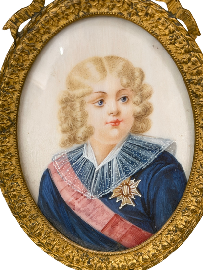 Antique Watercolor and Gouache Portrait Miniature, Likely Napoleon II - The King of Rome in Evans Philadelphia Gilt Brass Easel Frame
