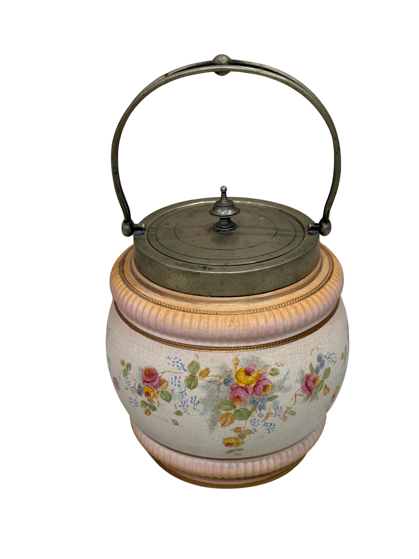 William Wood and Co. Hand-Painted Floral Biscuit Barrel with EPNS Mounts