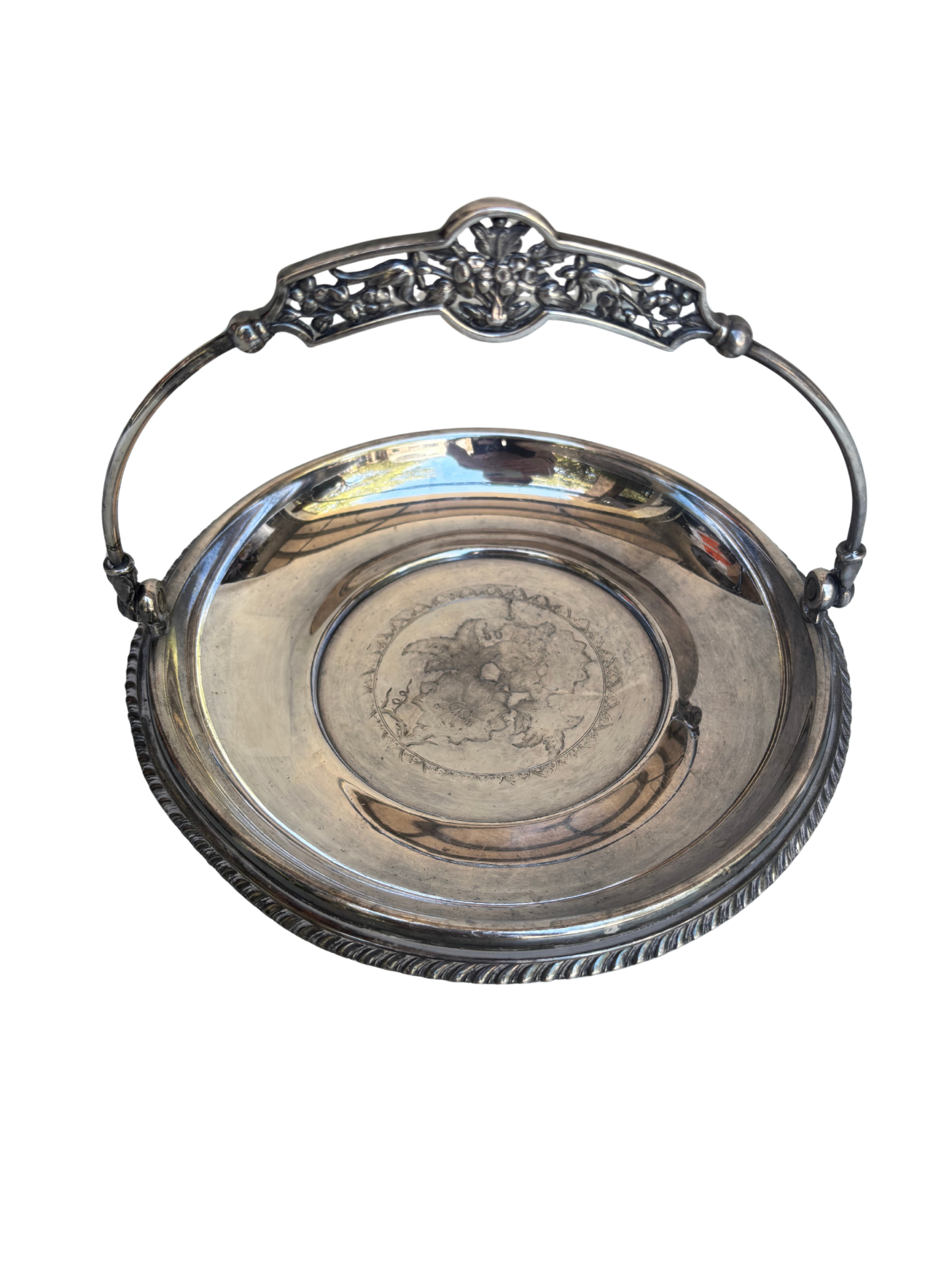 Victorian Silverplate Brides Basket Centerpiece with Figural Floral Swing Handle