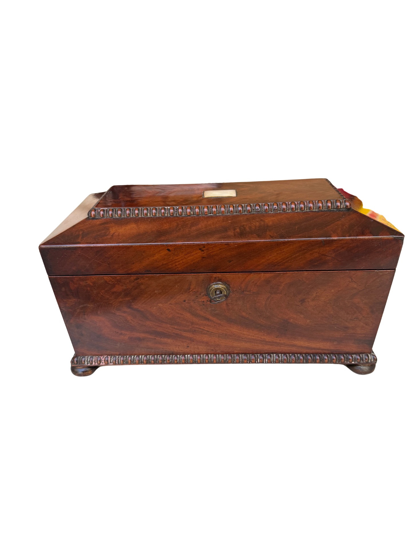 English Regency Figured Mahogany and Mother-of-Pearl Sarcophagus Tea Caddy with Cut Crystal Mixing Bowl