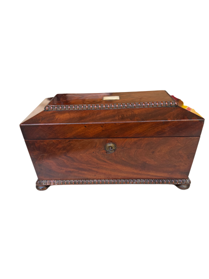 English Regency Figured Mahogany and Mother-of-Pearl Sarcophagus Tea Caddy with Cut Crystal Mixing Bowl