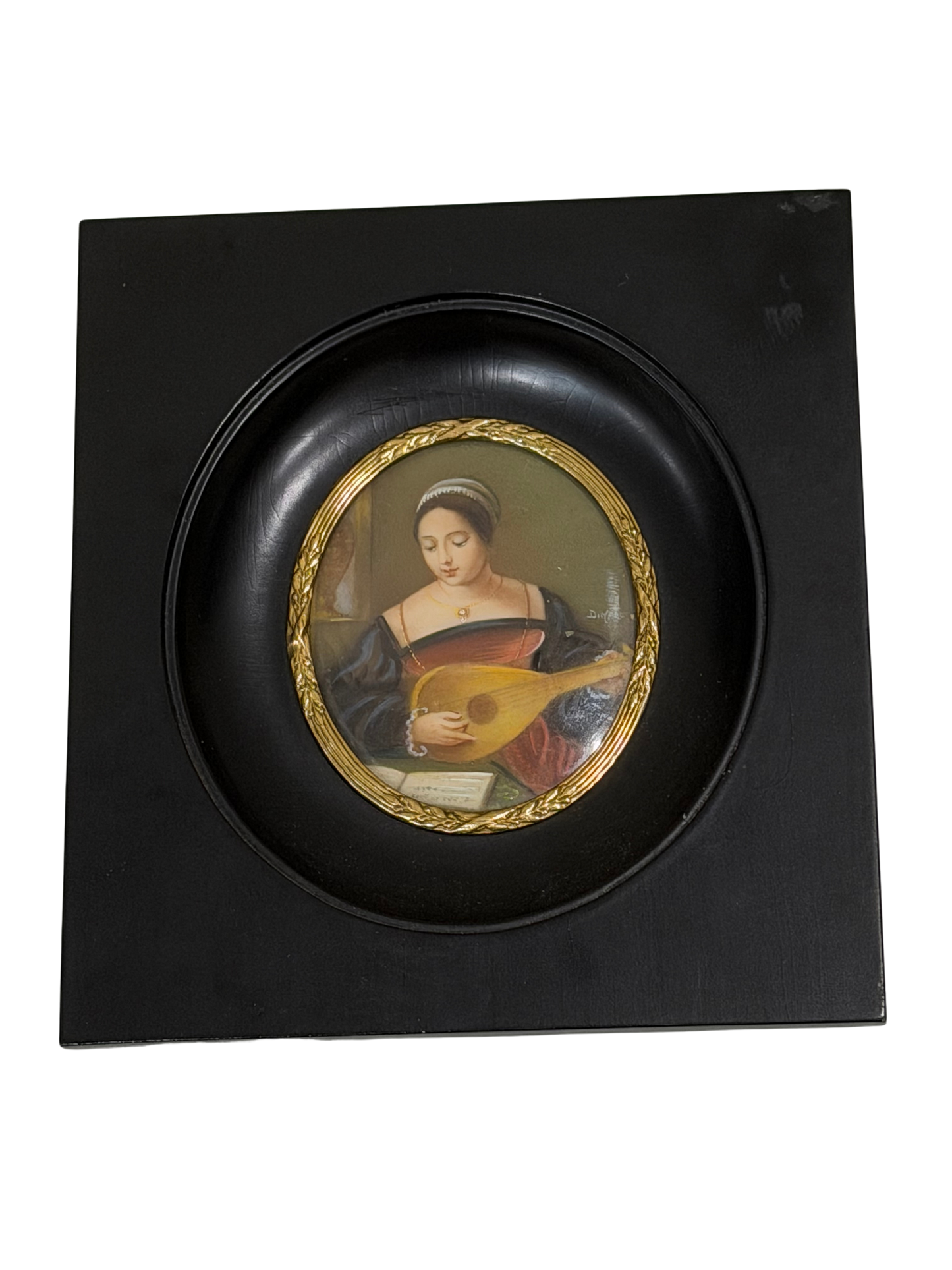 Hand-Painted Translucent Celluloid Portrait Plaque of a Renaissance Lady with Lute in 18K Gold Bezel, Signed "Dimarc"