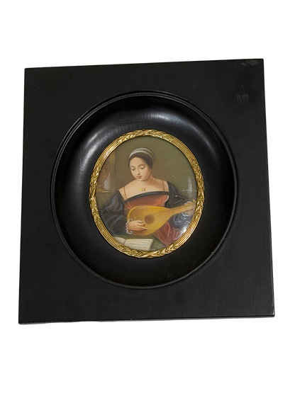 Hand-Painted Translucent Celluloid Portrait Plaque of a Renaissance Lady with Lute in 18K Gold Bezel, Signed "Dimarc"