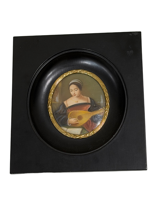Hand-Painted Translucent Celluloid Portrait Plaque of a Renaissance Lady with Lute in 18K Gold Bezel, Signed "Dimarc"