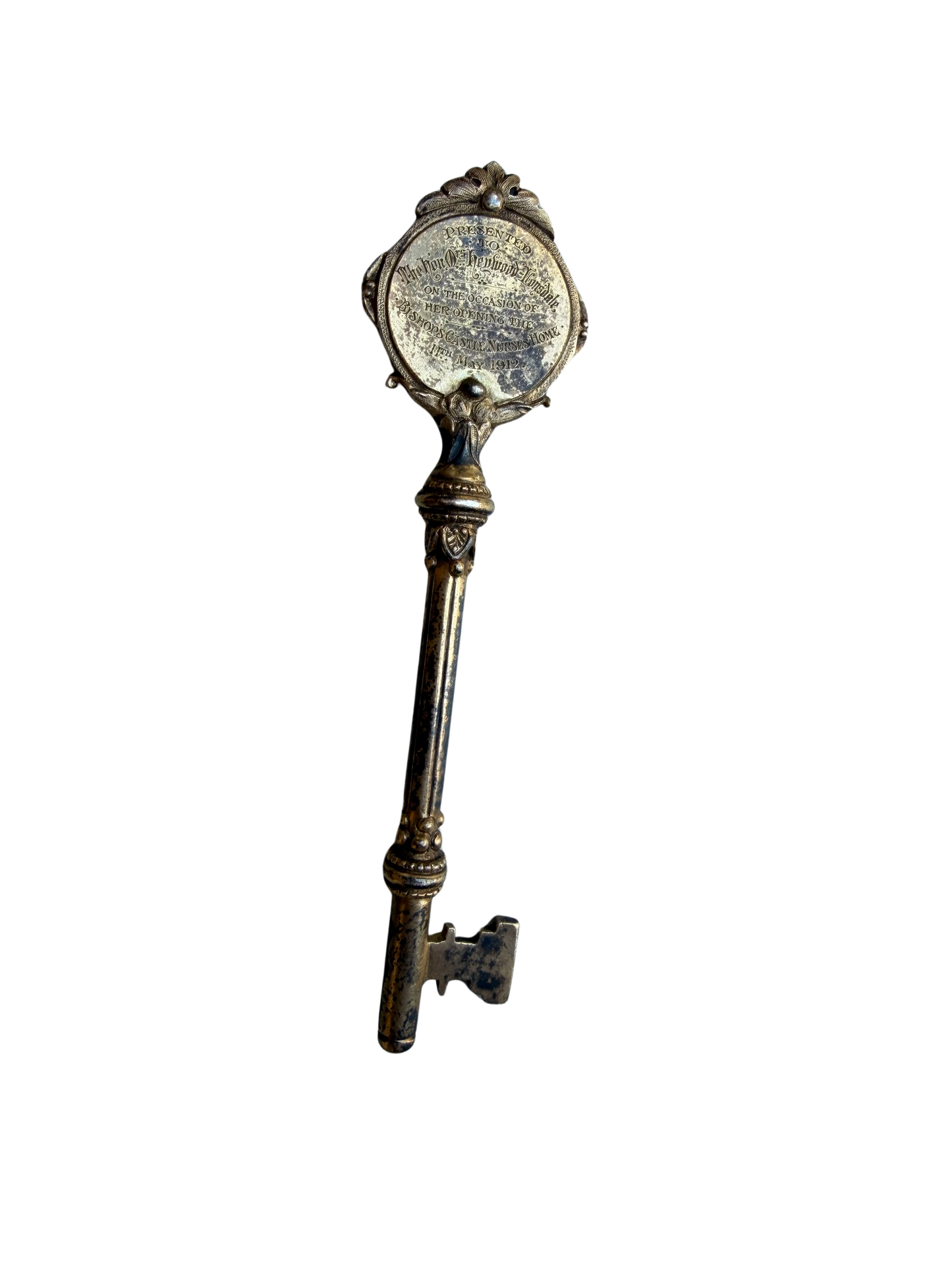 Edwardian Sterling Silver-Gilt Presentation Key for the Bishop’s Castle Nurses’ Home, 1912