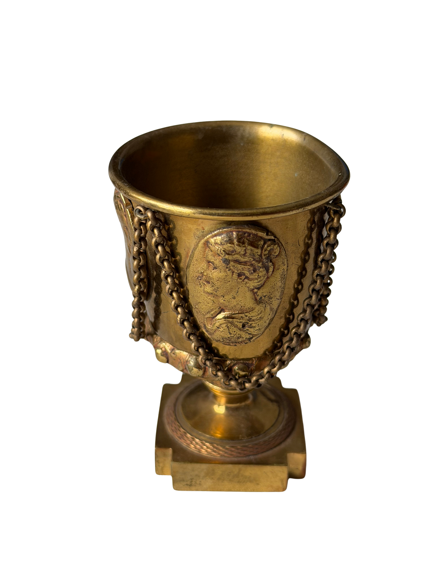 Vintage Italian Neoclassical Brass Urn-Form Cup with Portrait Medallions and Draped Chains