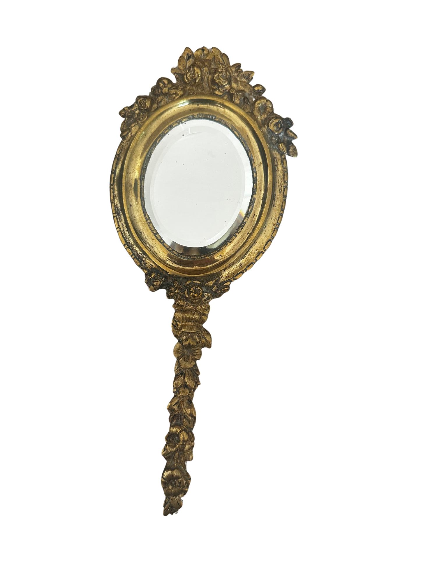 Late 19th C French Hand Mirror with Beveled Mirror and Rose Motif