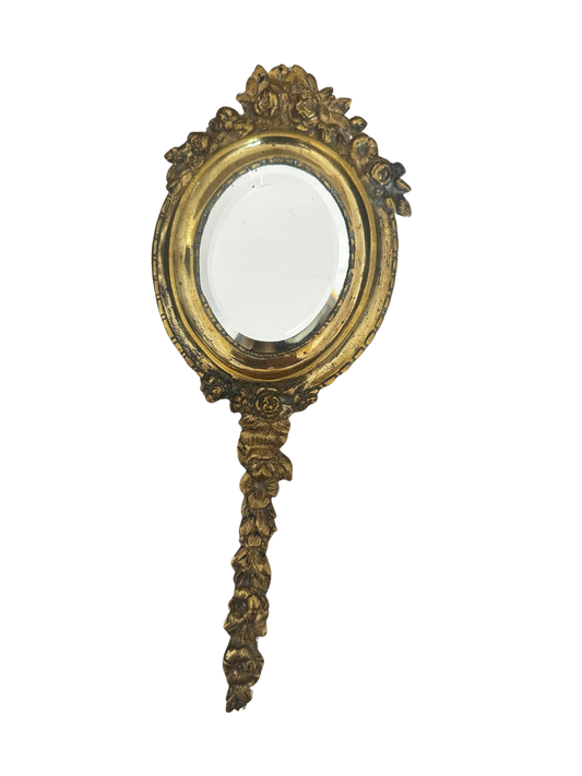 Late 19th C French Hand Mirror with Beveled Mirror and Rose Motif