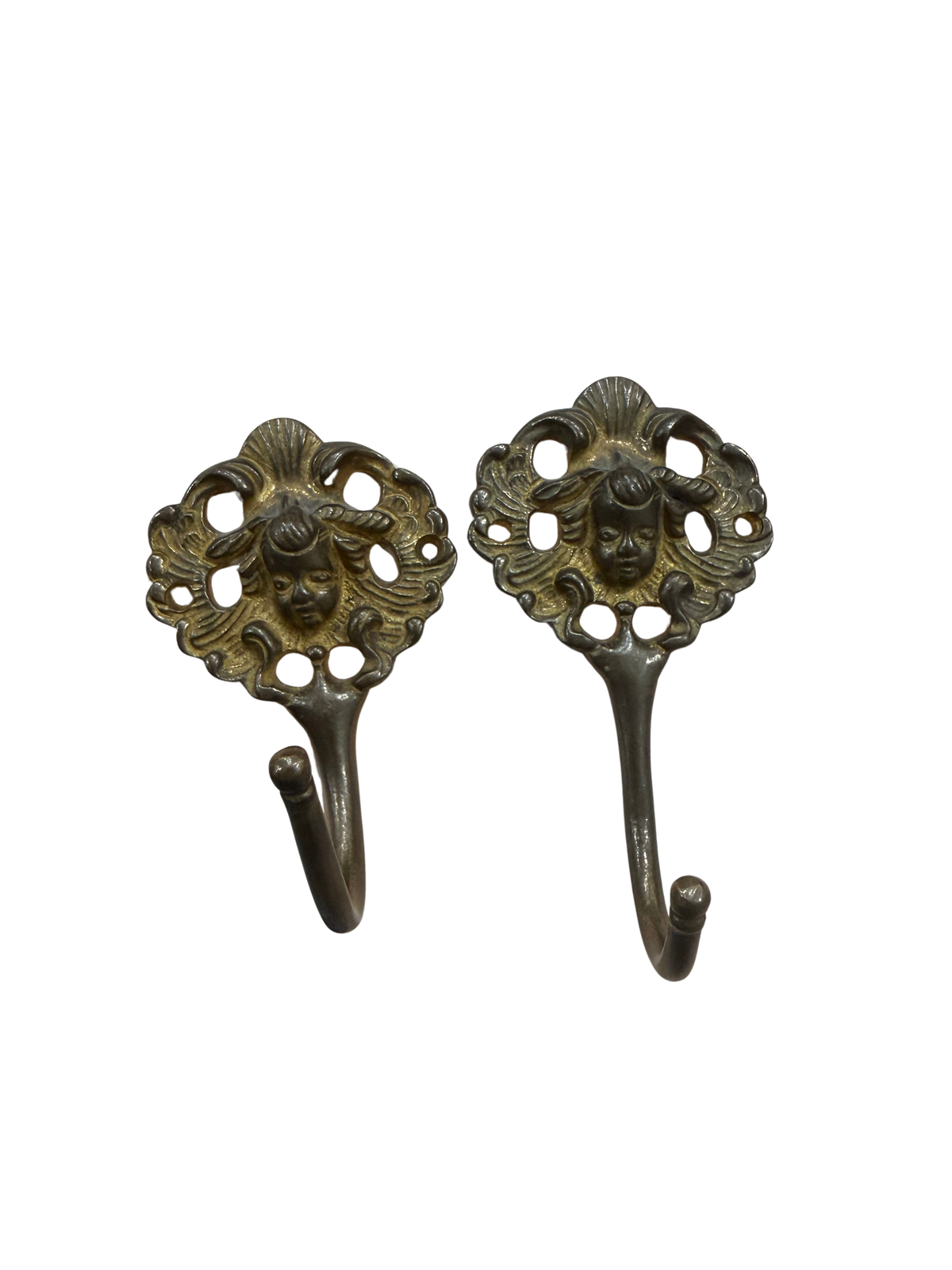 Set of Two Brass Cherub Wall Hooks (Medallion Style)