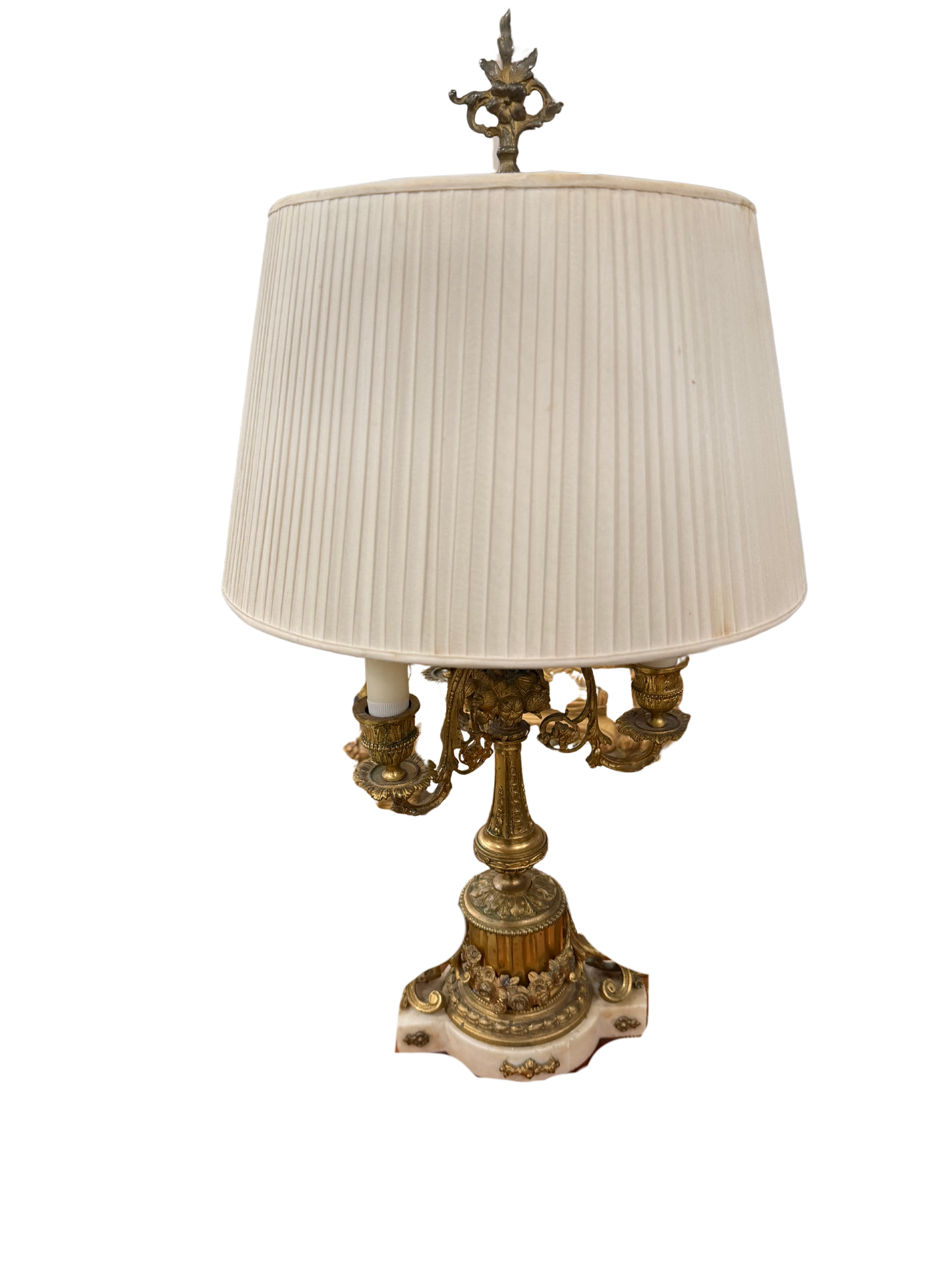 Pair of Louis XVI–Style Gilt Metal & Marble Candelabra Table Lamps