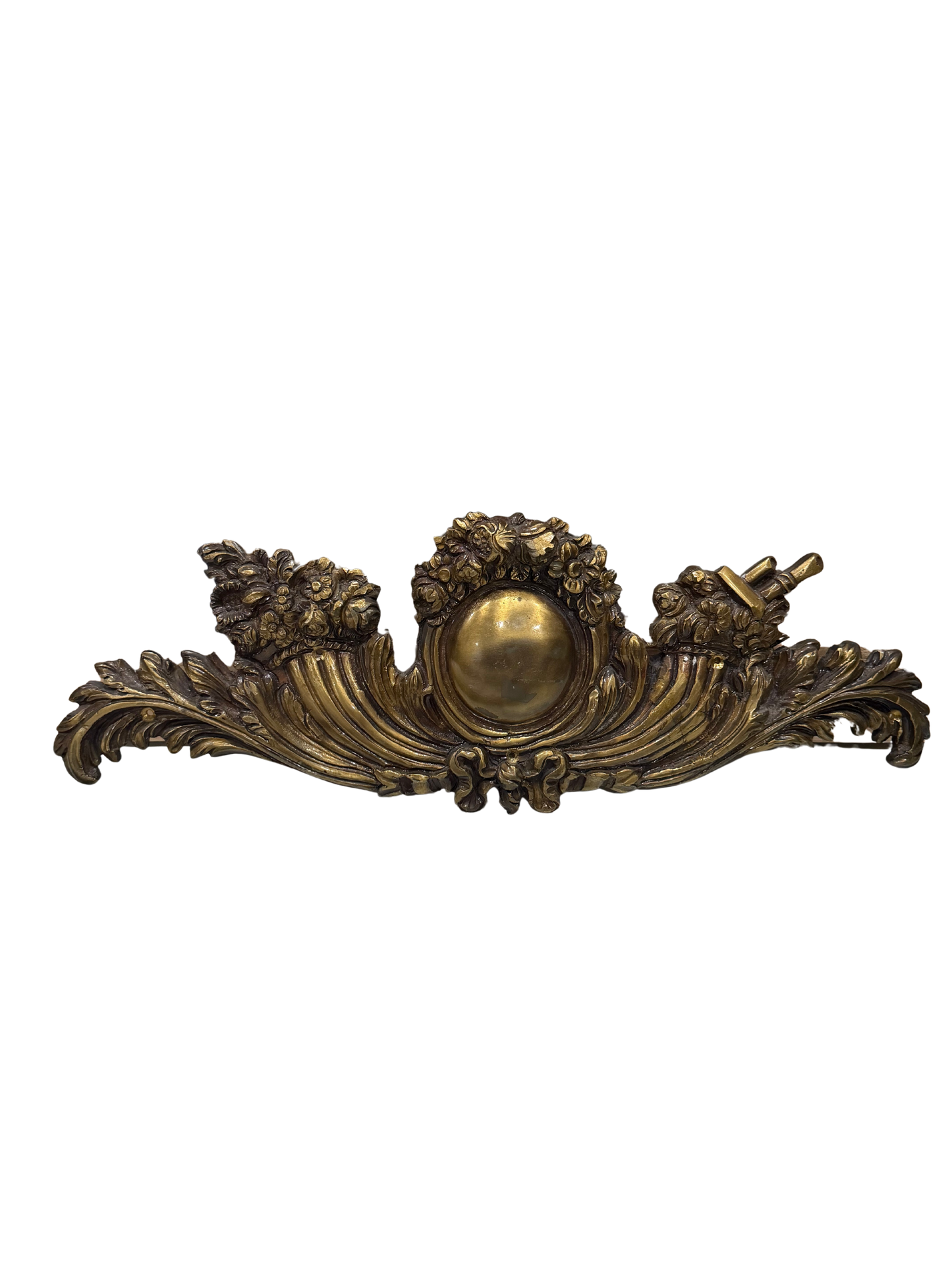 Monumental Bronze Pediment with Cartouche in Center and Floral Bouquets