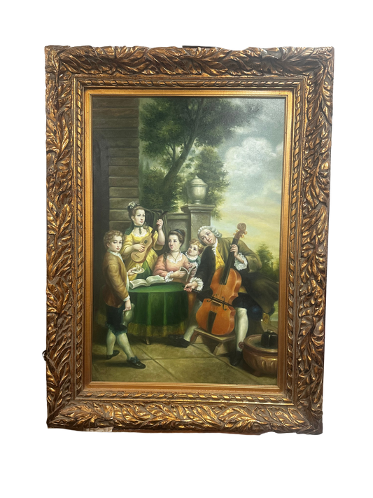 Huge Signed and Ornately Framed Vintage Painting of Family Musicians (35" x 37")