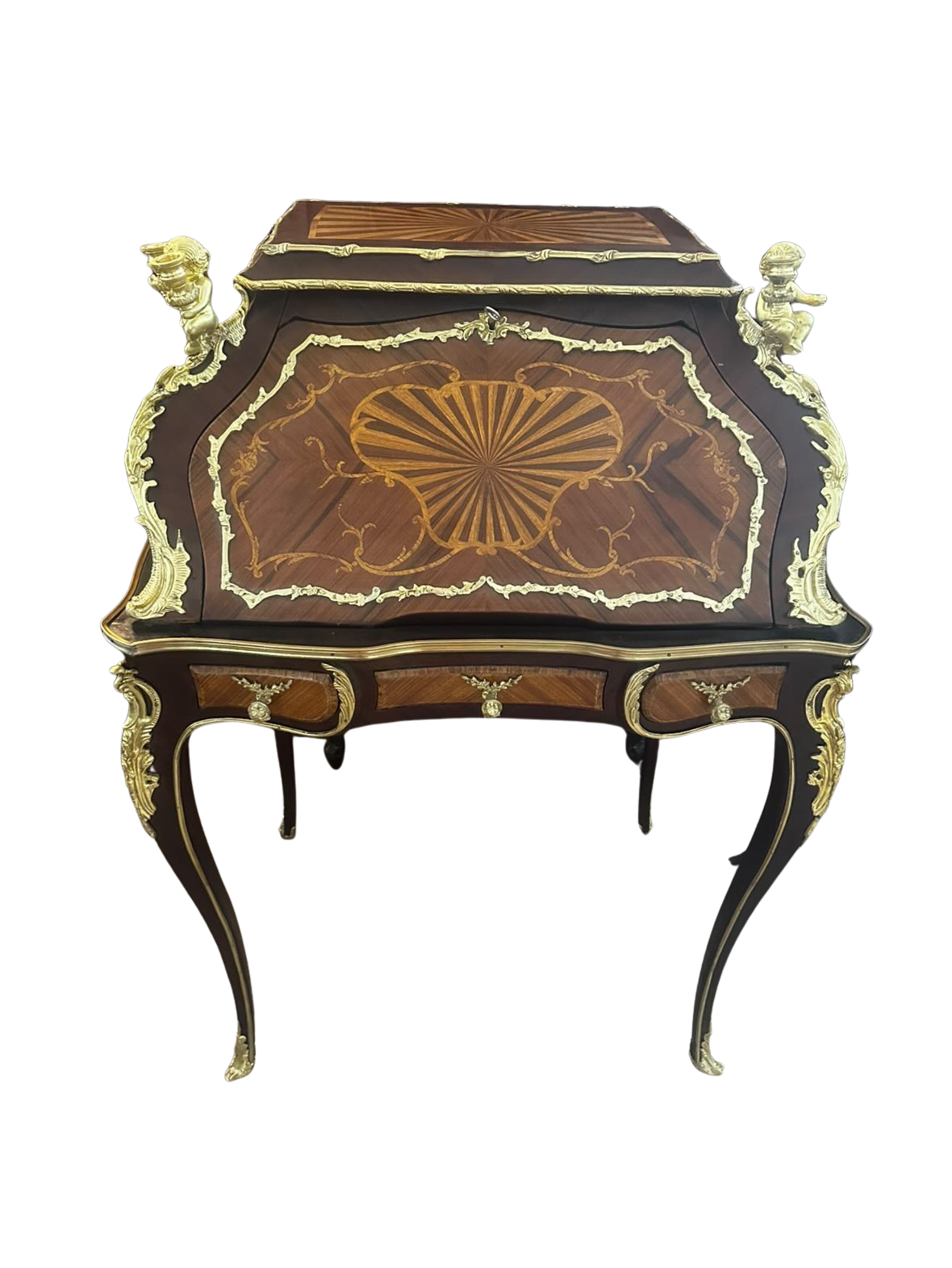 Antique French Louis XV Revival Marquetry Bonheur-du-Jour Writing Desk with Putti Candleholder Mounts