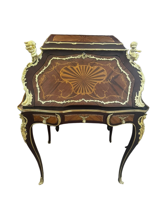 Antique French Louis XV Revival Marquetry Bonheur-du-Jour Writing Desk with Putti Candleholder Mounts