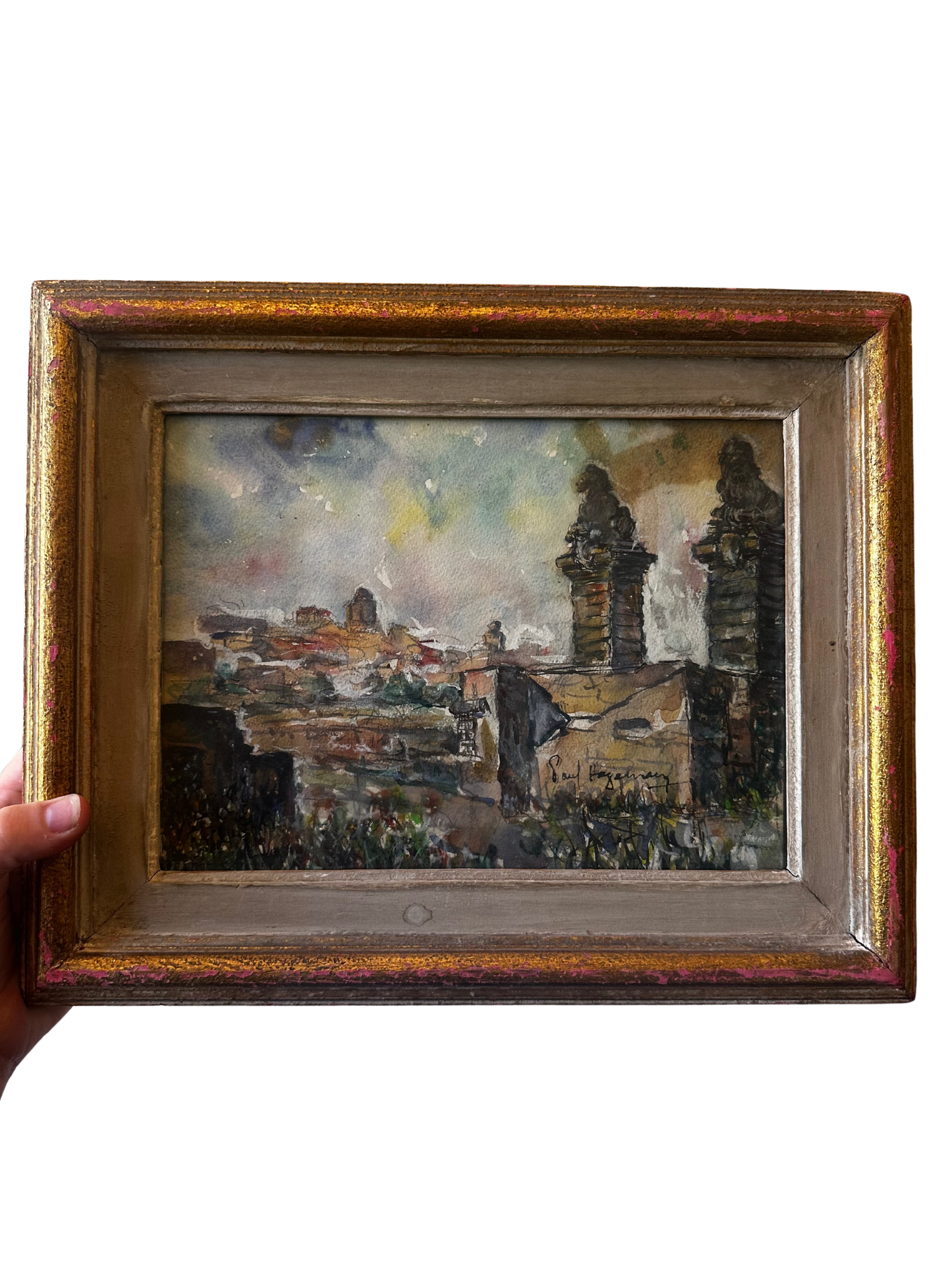 Watercolor on Paper of Cityscape with Lions (Signed Paul Hagmans - Belgian, 1884-1959)