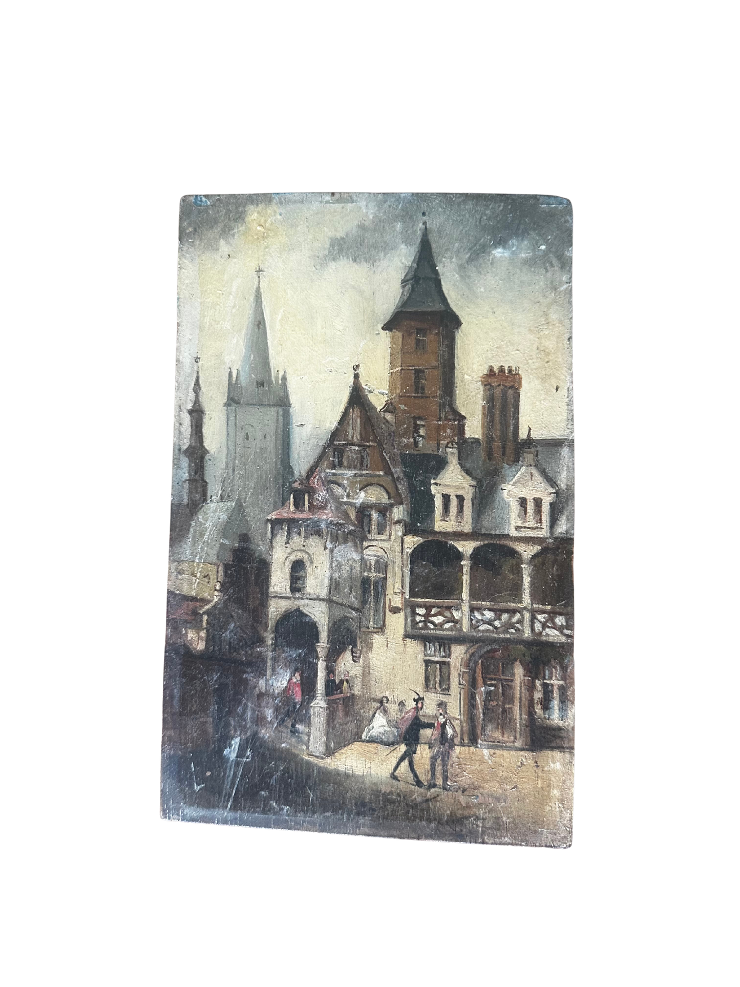 Small Normandy Oil on Wood Panel with People in Foreground (Unframed) / On La Flor de Juan Havana Cuban Mahogany Cigar Box Panel