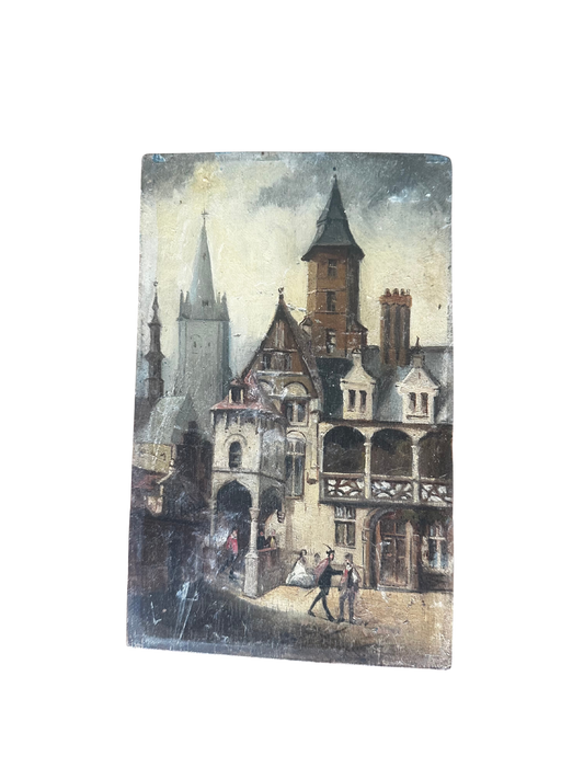 Small Normandy Oil on Wood Panel with People in Foreground (Unframed) / On La Flor de Juan Havana Cuban Mahogany Cigar Box Panel