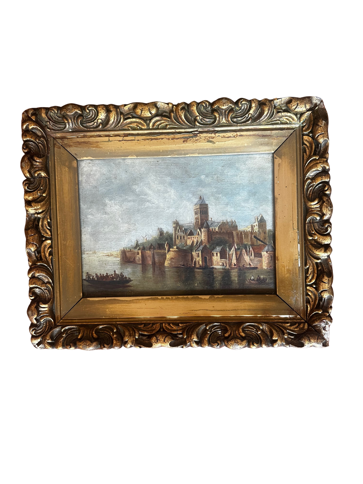 19th C Oil on Canvas of European Fortified Riverside City (Dutch or Flemish) in Giltwood Frame (L Crego & Co Frame)