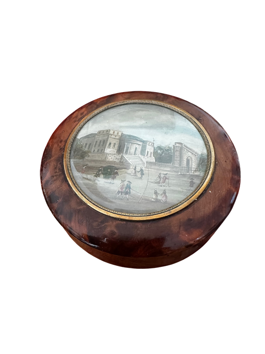 Early 19th C Grand Tour Burl Wood Veneer Snuff Box with Painted Architectural Scene