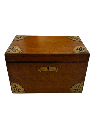 Antique English Oak Stationary Box with Brass Corner Mounts and Letter Dividers