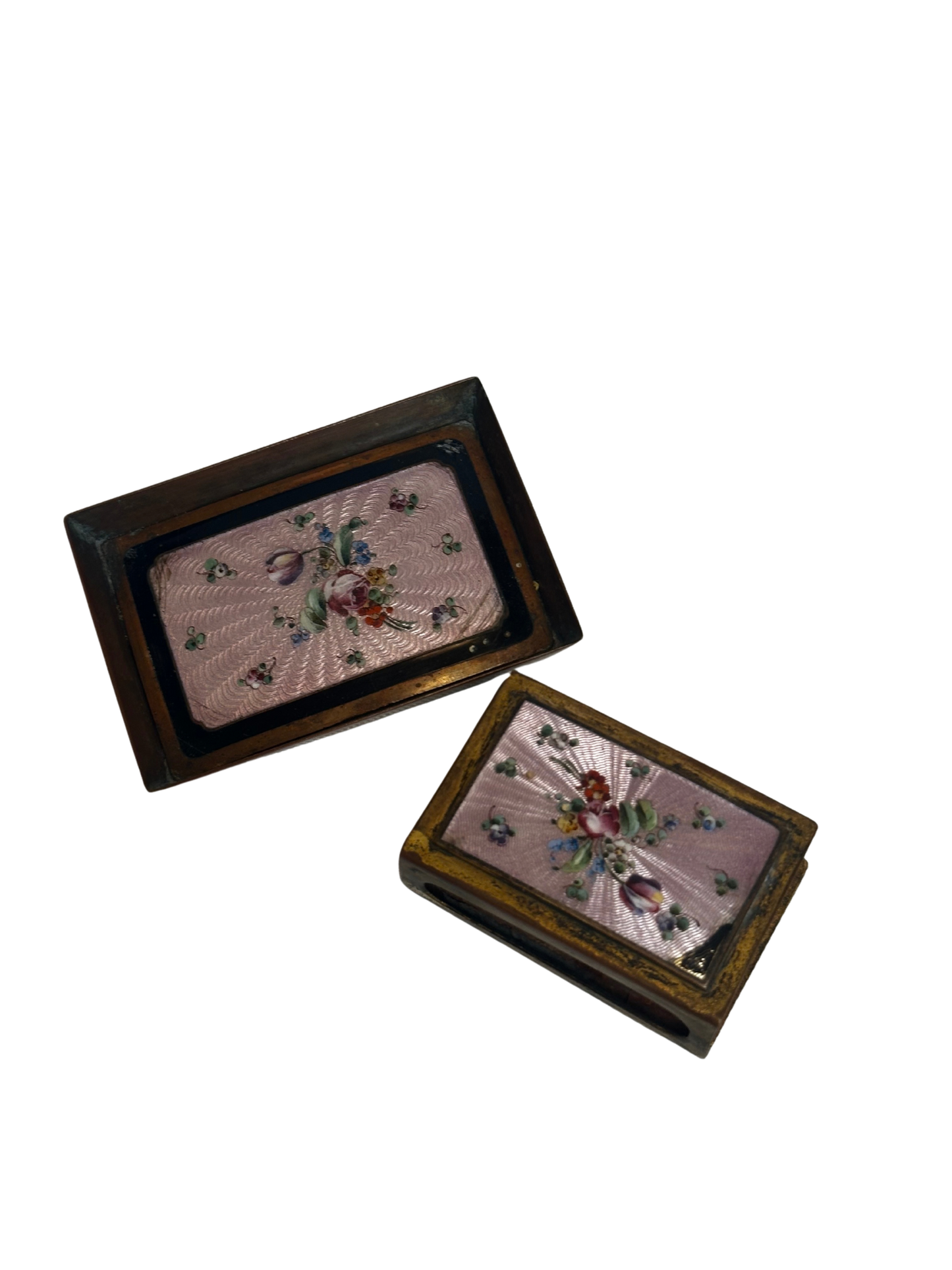 Antique Enamel Matchbox Holder with Companion Miniature Enamel Ashtray (Two-Piece Set)