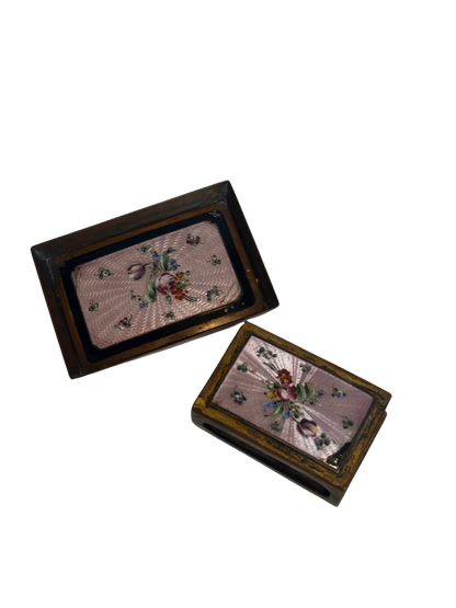 Antique Enamel Matchbox Holder with Companion Miniature Enamel Ashtray (Two-Piece Set)