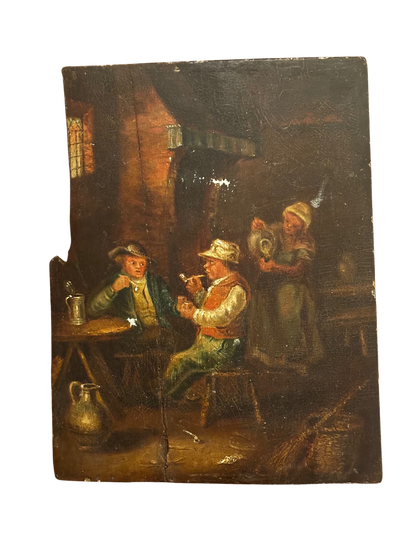 19th C Continental Oil on Wooden Panel of Two Men in a Tavern