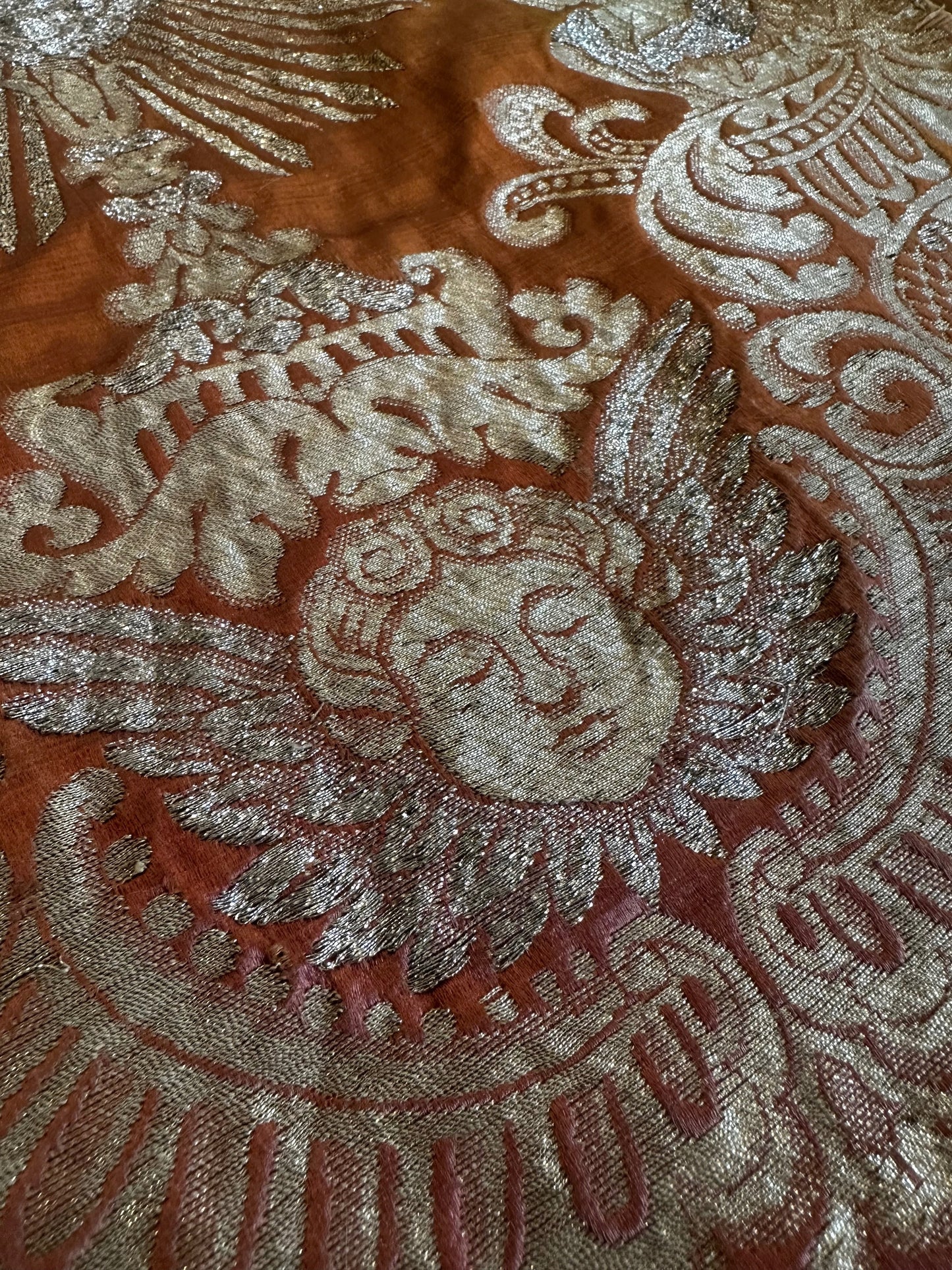 Antique Ecclesiastical Silk Brocade Altar Runner with Monstrance, Angels and IHS Christogram