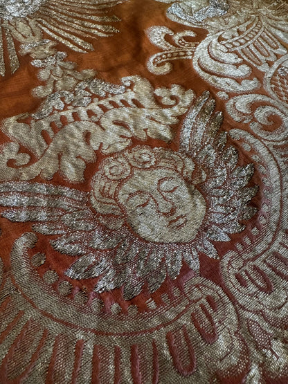 Antique Ecclesiastical Silk Brocade Altar Runner with Monstrance, Angels and IHS Christogram