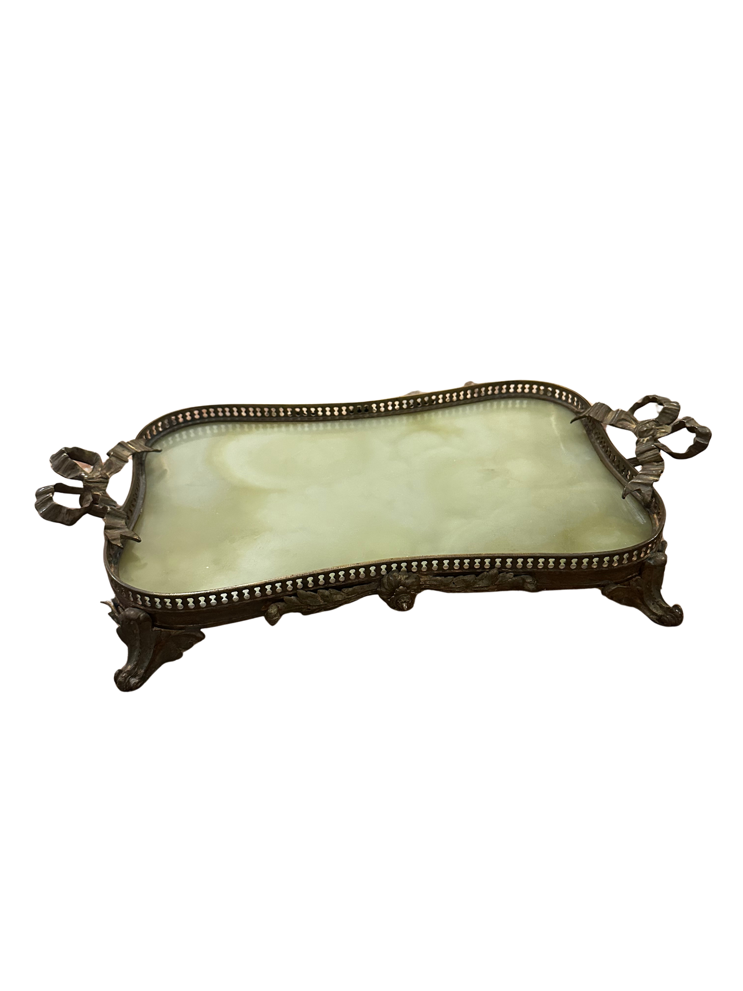 French Bronze-Mounted Green Onyx Vanity Tray with Ribbon Handles