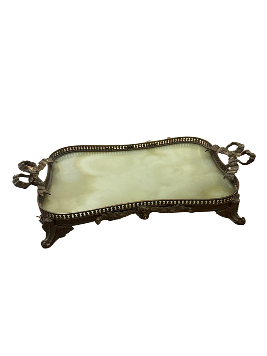 French Bronze-Mounted Green Onyx Vanity Tray with Ribbon Handles