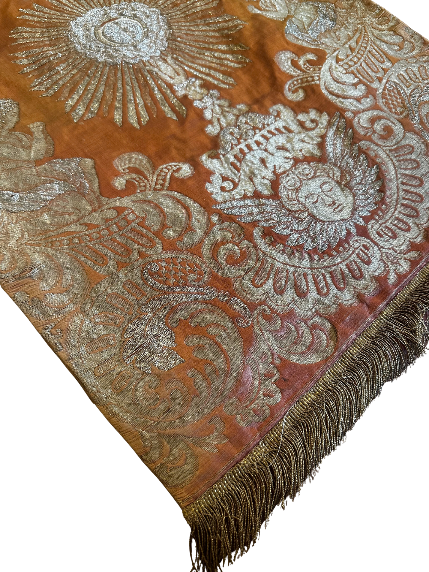 Antique Ecclesiastical Silk Brocade Altar Runner with Monstrance, Angels and IHS Christogram