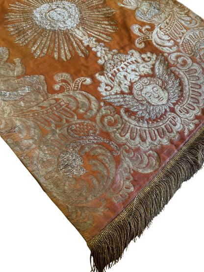 Antique Ecclesiastical Silk Brocade Altar Runner with Monstrance, Angels and IHS Christogram