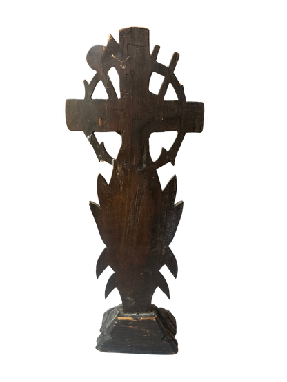 Black Forest–Style Carved Wooden Crucifix with Silverplate Corpus