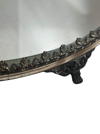 Antique Circular Vanity Mirror Tray with Silver Tone Base
