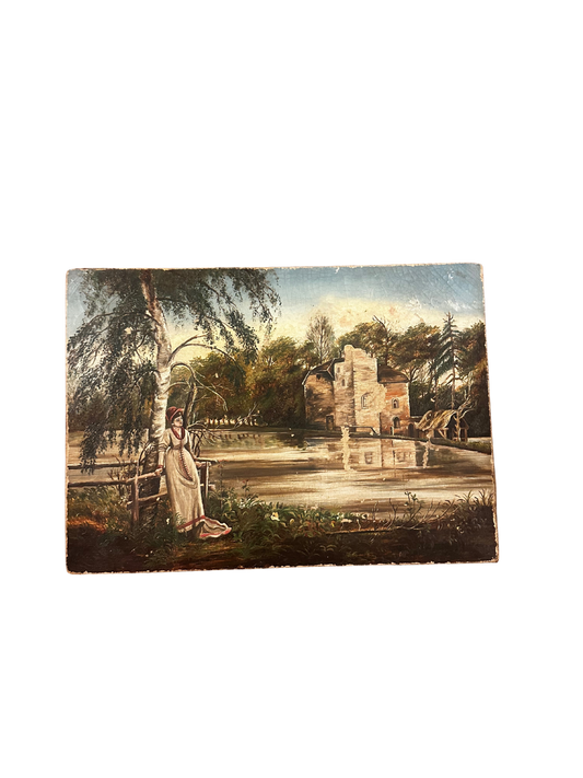 19th C Antique Oil on Canvas of Lady in White Looking Across the Water (Puncture and Paint Loss)