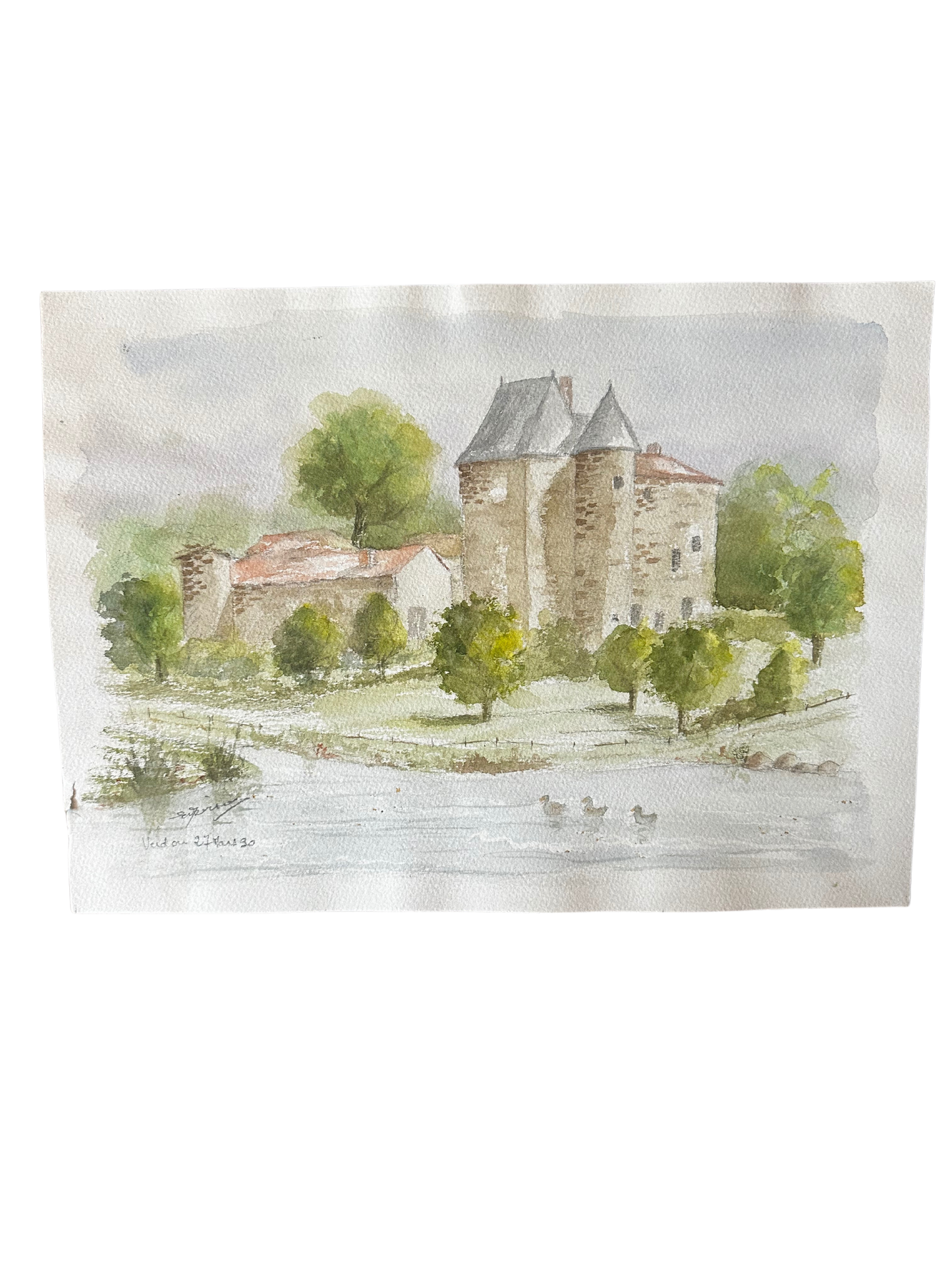 Watercolor on Paper of Verdou Manor (Signed by French Regional Artist Evelyne Devisme; 1990)
