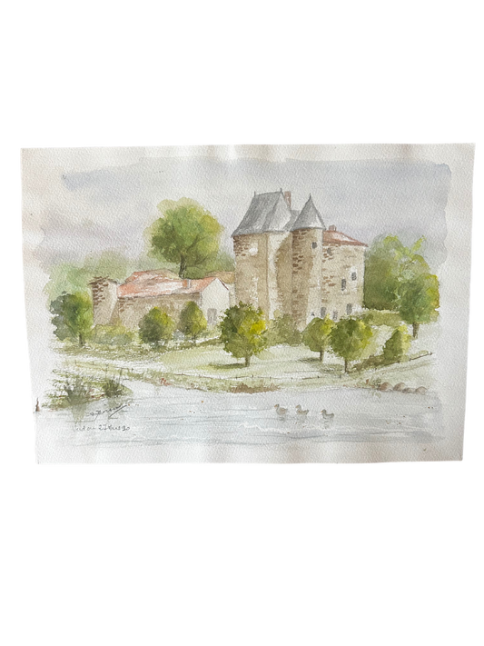 Watercolor on Paper of Verdou Manor (Signed by French Regional Artist Evelyne Devisme; 1990)