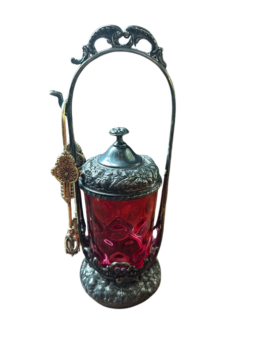 Victorian Cranberry Pickle Jar with Added Tongs