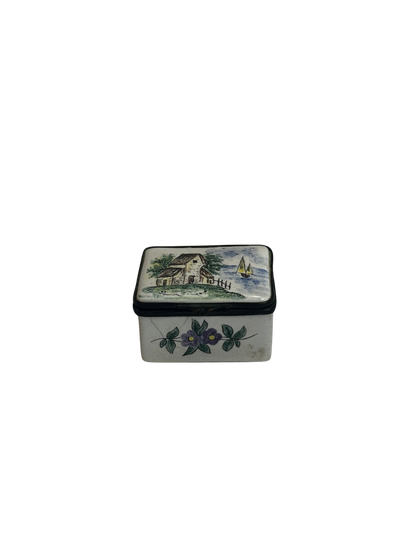 Antique Enamel Rectangular Box with Hand-Painted Pastoral Scene and Floral Decoration