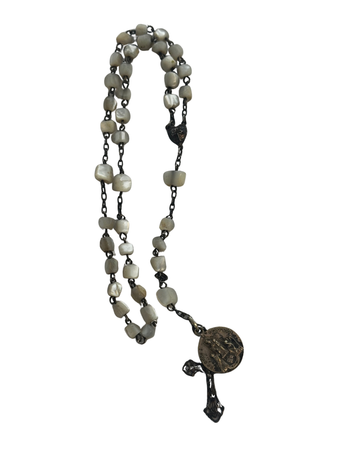 Antique Rosary with Mother-of-Pearl Beads, Silver-Tone Crucifix, and Religious Medal