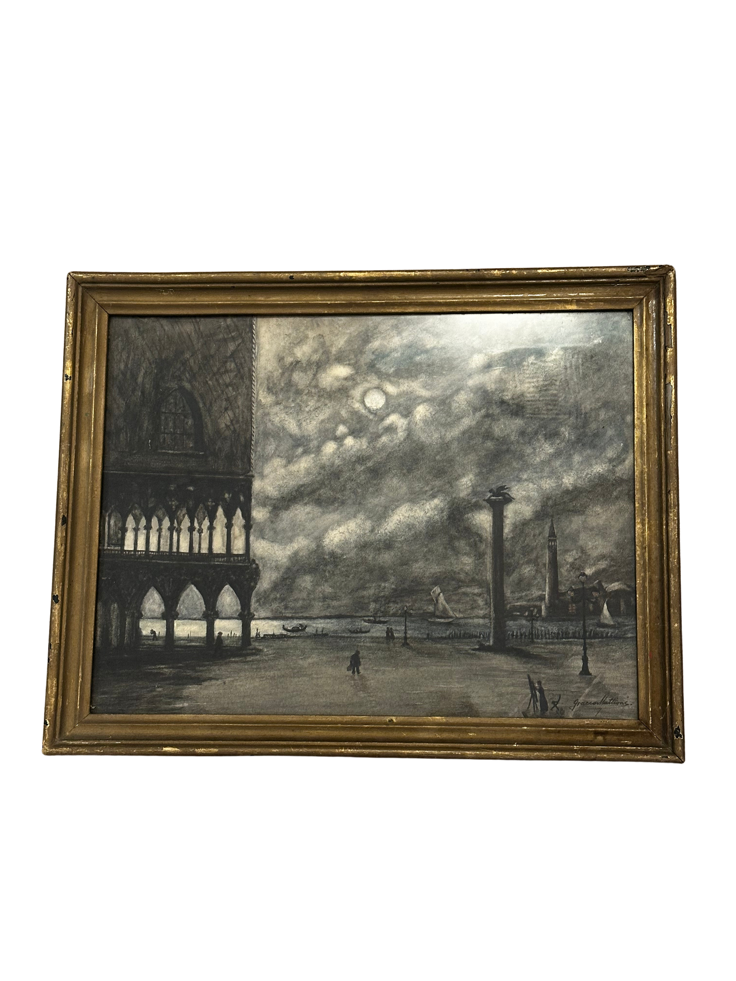 Moonlit Venetian Lagoon Scene, after Ippolito Caffi – Signed Gracco Mattioni