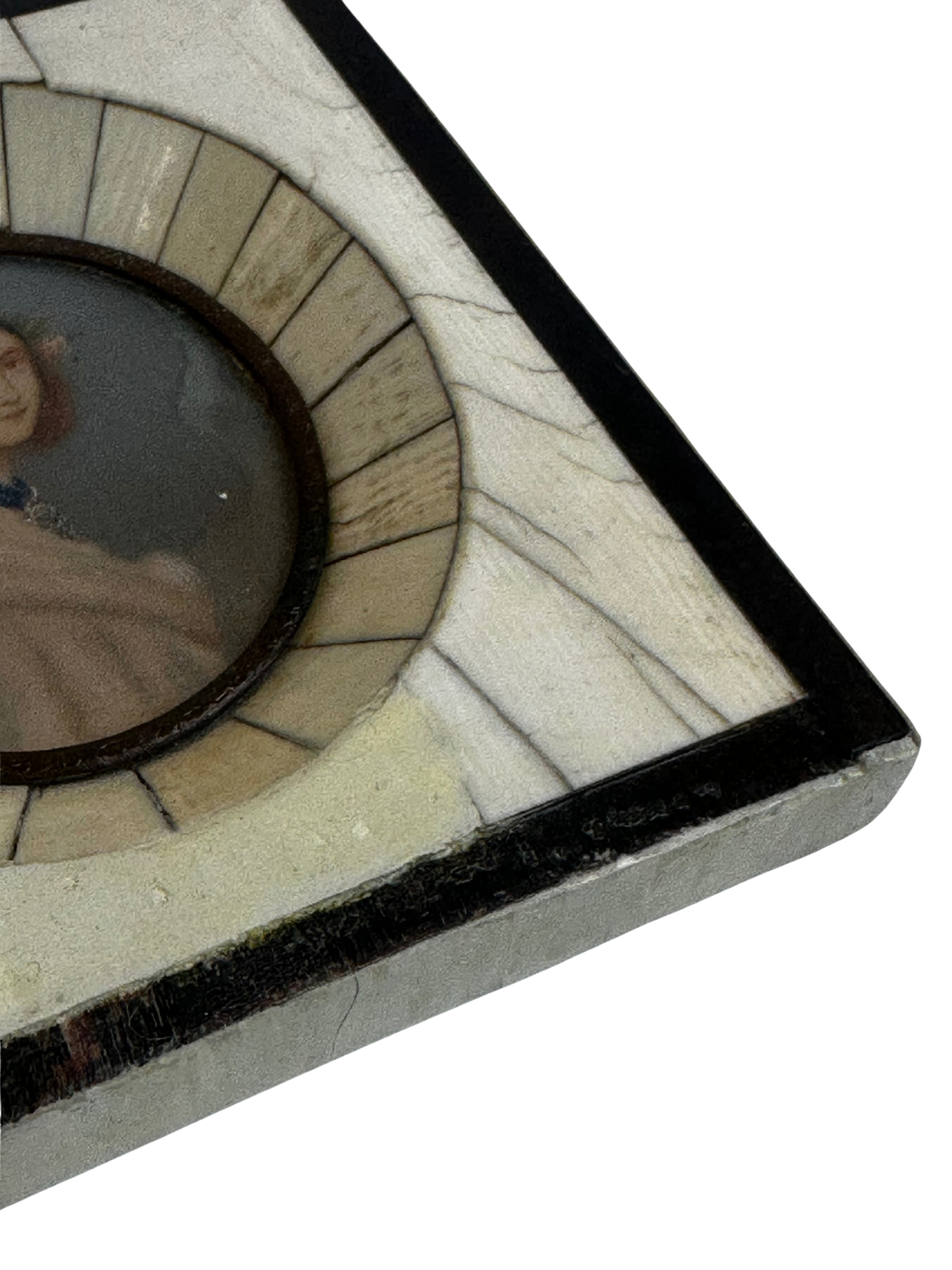 Antique Miniature Hand-Painted Woman Portrait in Bone-Inlaid Wooden Frame