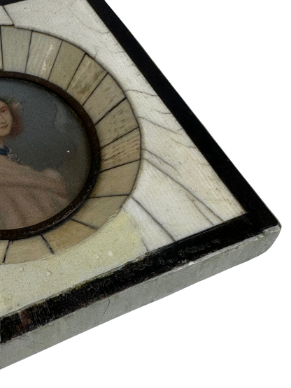 Antique Miniature Hand-Painted Woman Portrait in Bone-Inlaid Wooden Frame