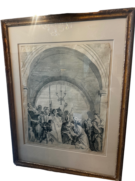 Late 18th/Early 19th C Watercolor/Ink Wash of "The Presentation in the Tempe", After Paolo Veronese