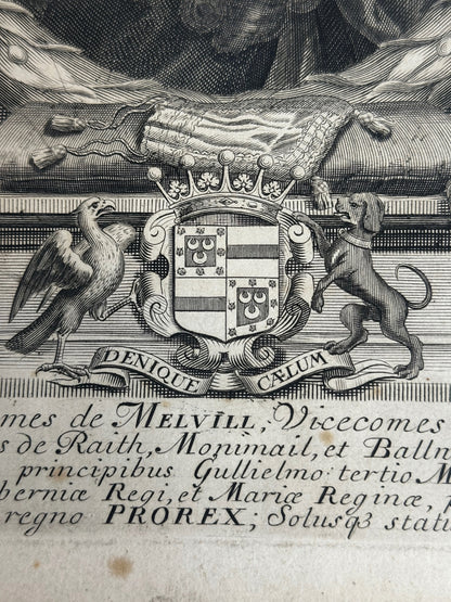 Antique Baroque Engraved Portrait of George Melville, Earl of Melville