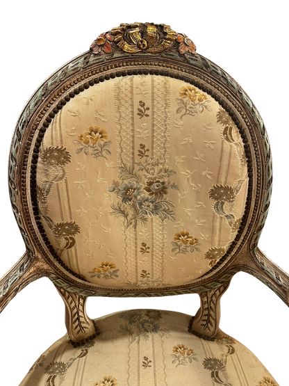 Early 20th C French Louis XVI Style Polychrome and Carved Fauteuils