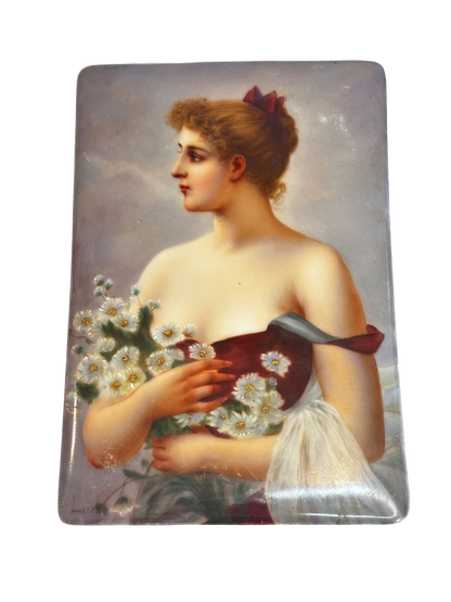 Hand-Painted KPM-Style Porcelain Portrait Plaque of a Woman with Daisies, after Jules Frederic Ballavoine