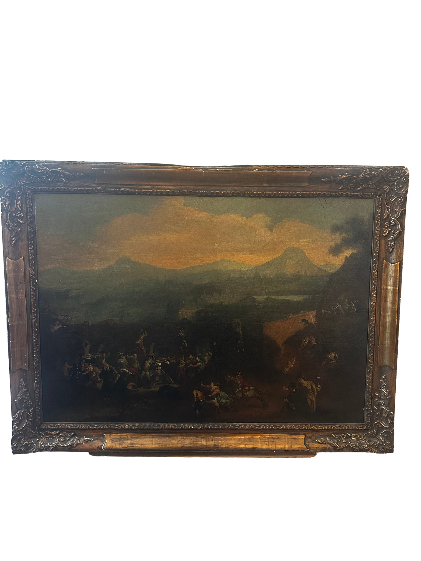 Large Italian School Capriccio Painting with Figures Amidst Classical Ruins